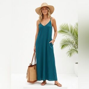 Lovestitch Teal Rayon Slip Maxi Dress Adjustable Straps S/M
